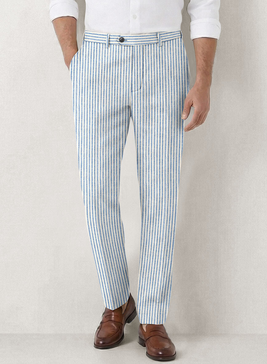 Italian Prato Blue Pinstripe Linen Pants - StudioSuits