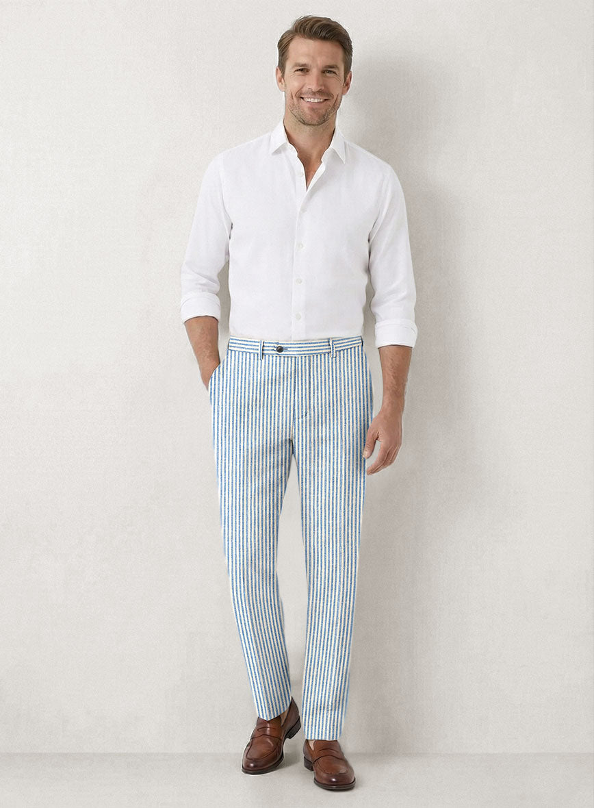 Italian Prato Blue Pinstripe Linen Pants - StudioSuits