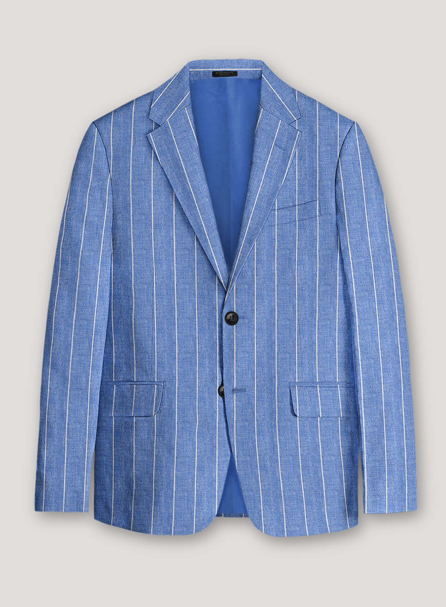 Italian Prato Blue Wide Stripe Linen Jacket - StudioSuits