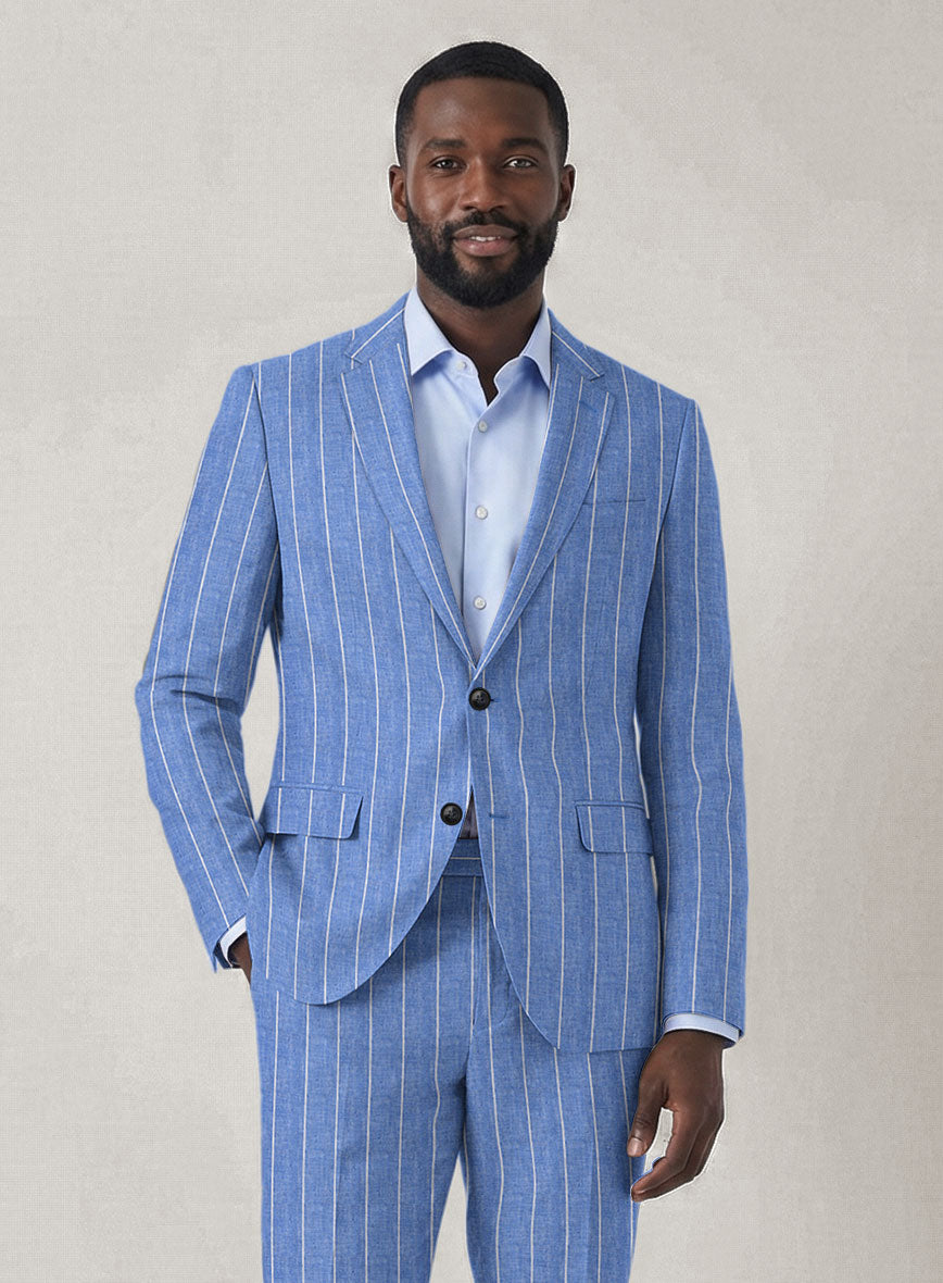 Italian Prato Blue Wide Stripe Linen Jacket - StudioSuits