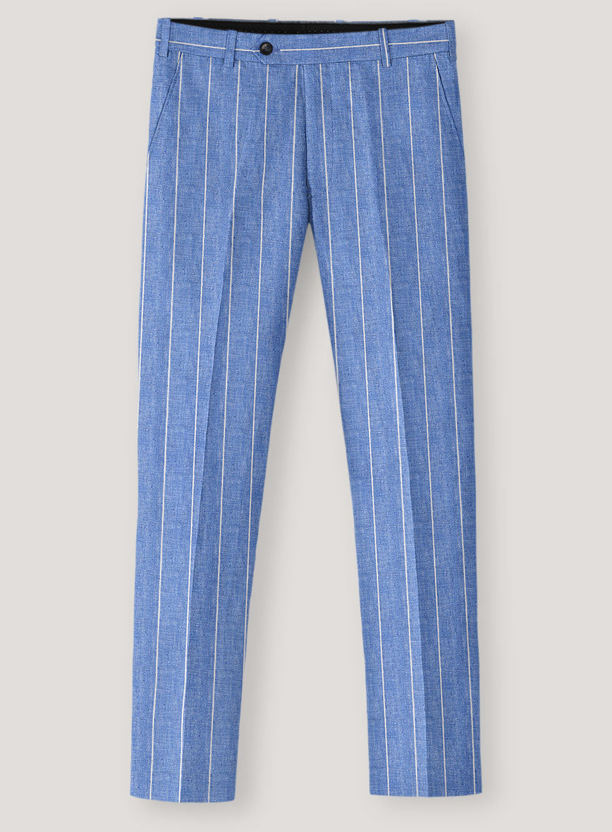 Italian Prato Blue Wide Stripe Linen Pants - StudioSuits
