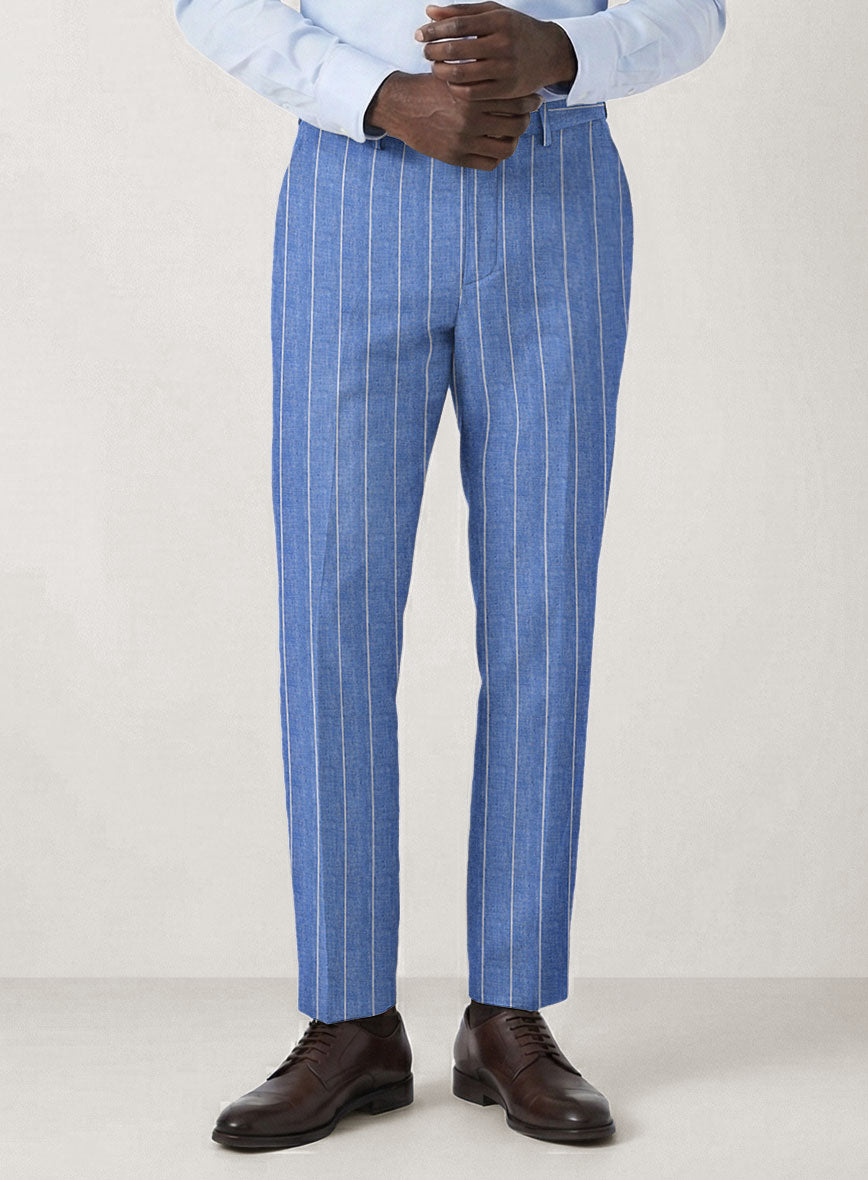 Italian Prato Blue Wide Stripe Linen Pants - StudioSuits