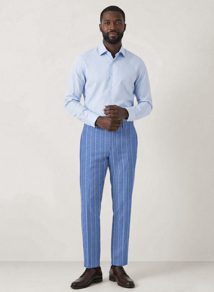 Italian Prato Blue Wide Stripe Linen Pants - StudioSuits