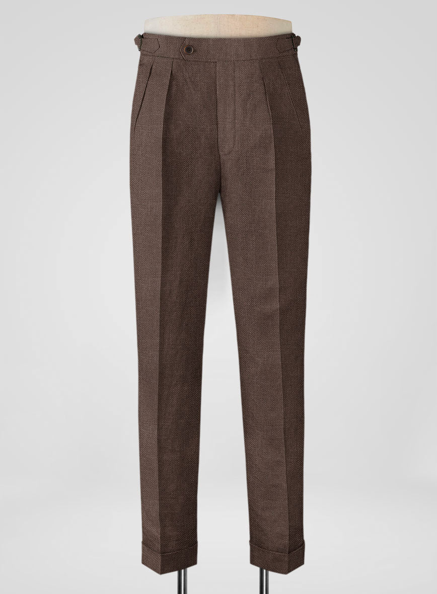 Italian Prato Brown Dobby Linen Highland Trousers - StudioSuits
