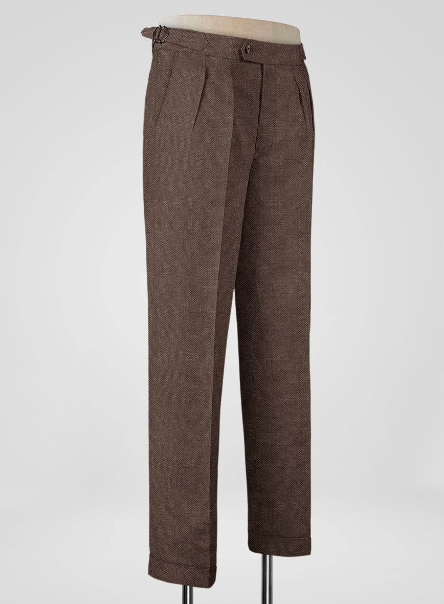 Italian Prato Brown Dobby Linen Highland Trousers - StudioSuits