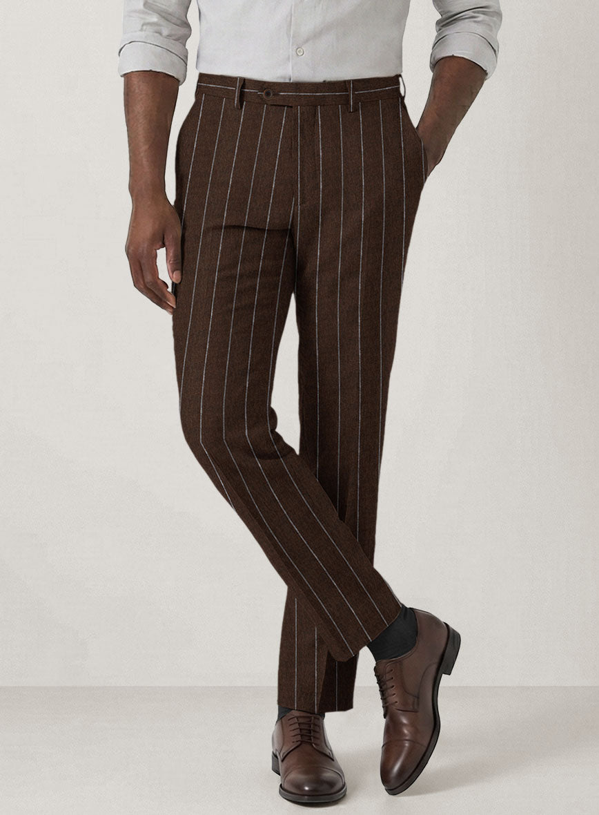 Italian Prato Brown Wide Stripe Linen Pants - StudioSuits