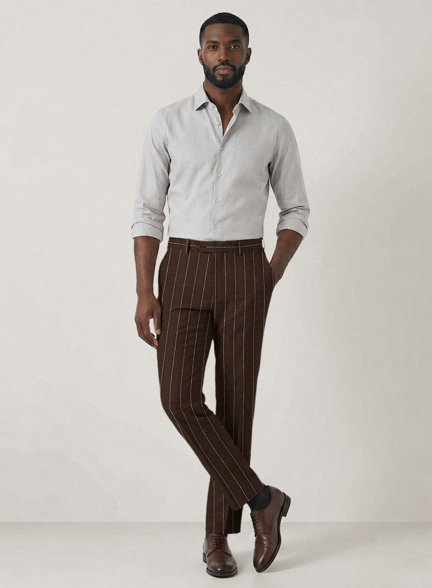 Italian Prato Brown Wide Stripe Linen Pants - StudioSuits