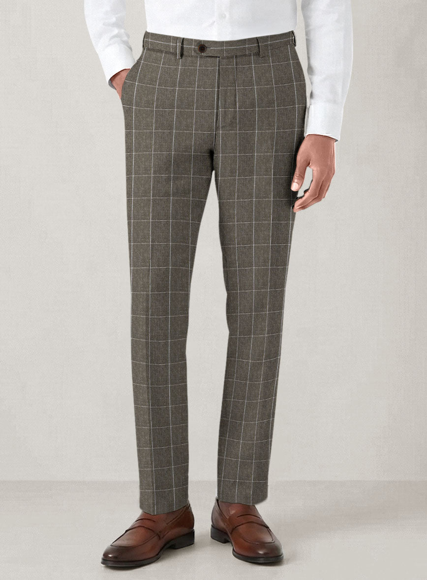 Italian Prato Brown Windowpane Linen Pants - StudioSuits