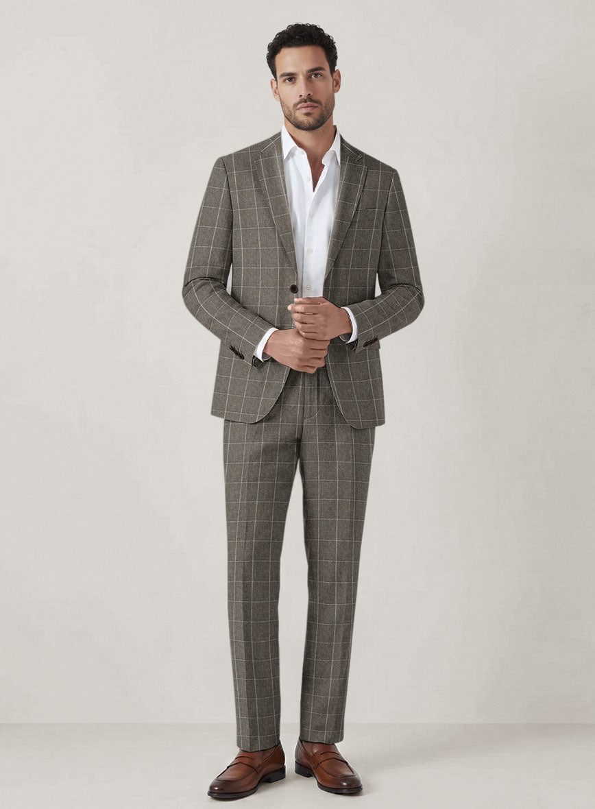 Italian Prato Brown Windowpane Linen Suit - StudioSuits