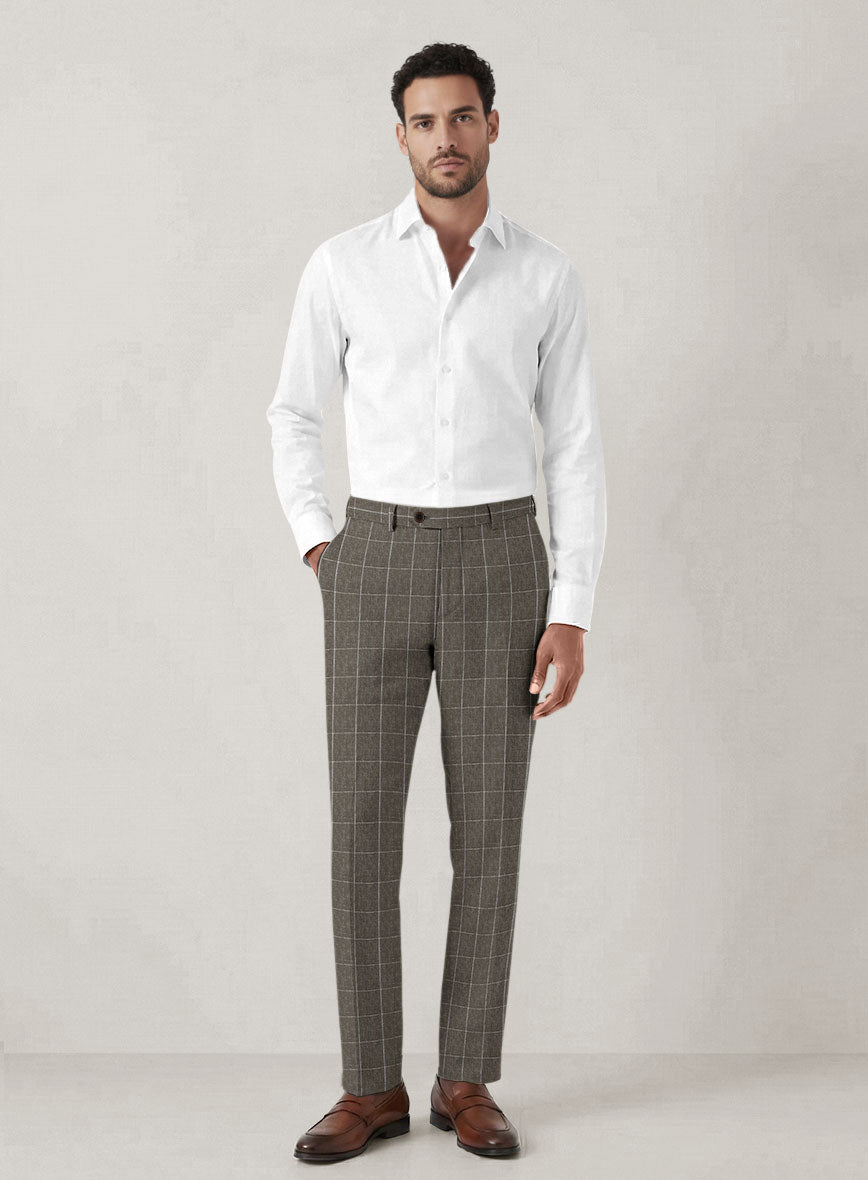 Italian Prato Brown Windowpane Linen Pants - StudioSuits