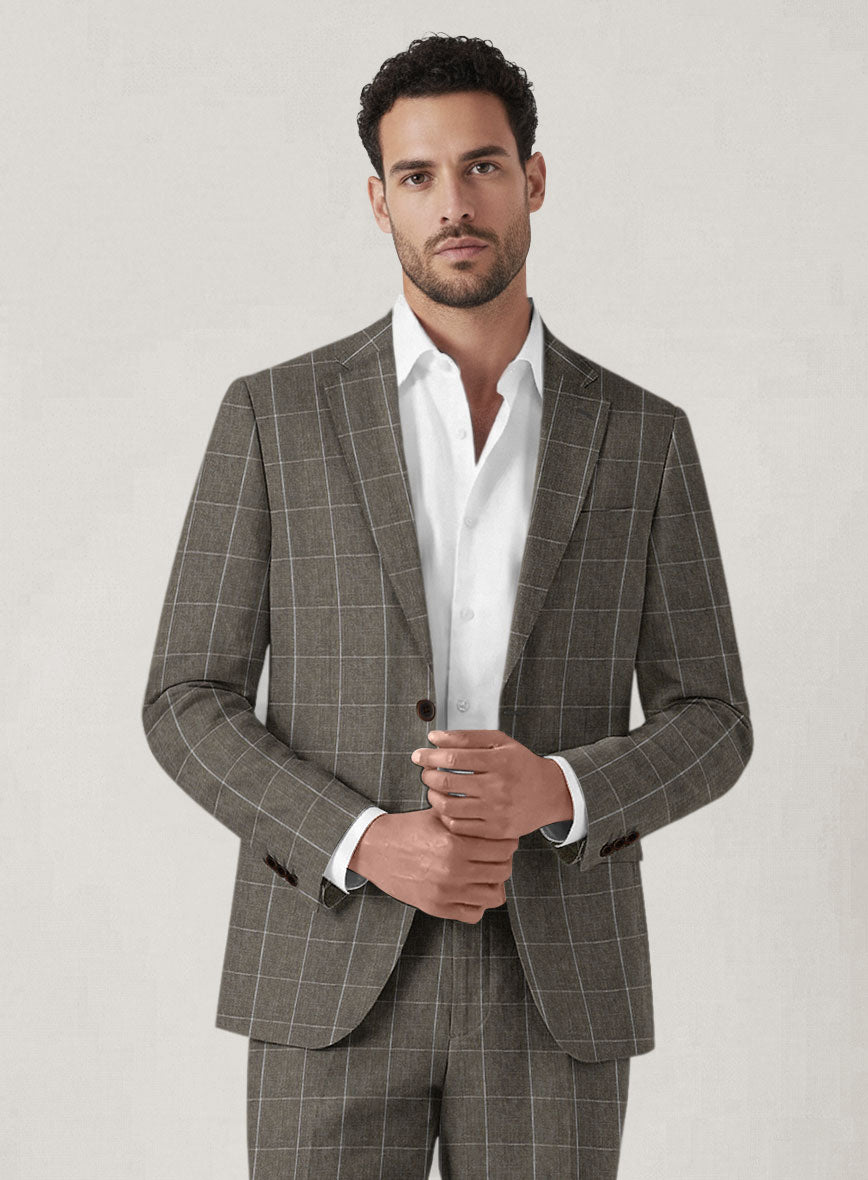 Italian Prato Brown Windowpane Linen Jacket - StudioSuits