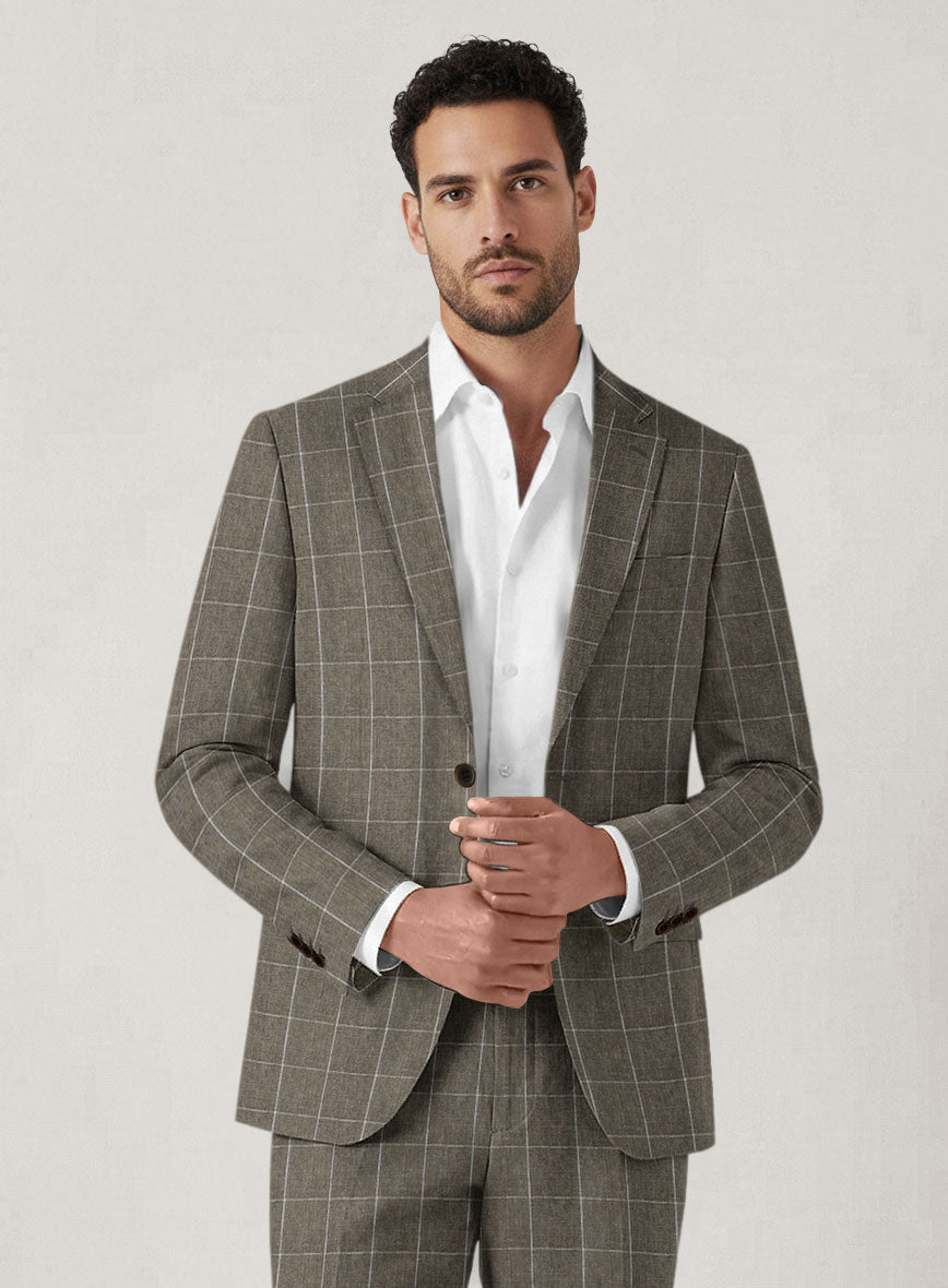 Italian Prato Brown Windowpane Linen Suit - StudioSuits