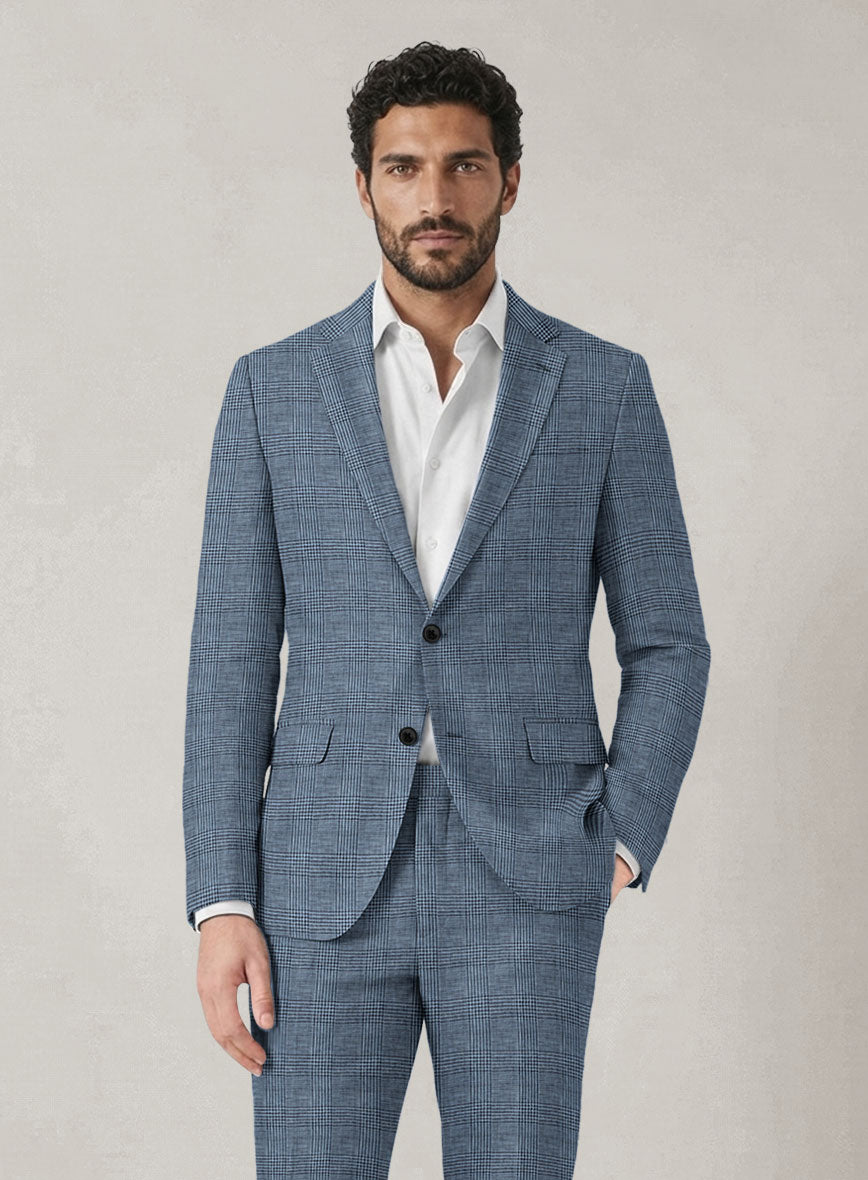 Italian Prato Cobalt Blue Check Linen Jacket - StudioSuits