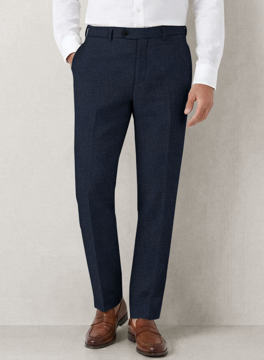 Italian Prato Dark Blue Dobby Linen Pants - StudioSuits