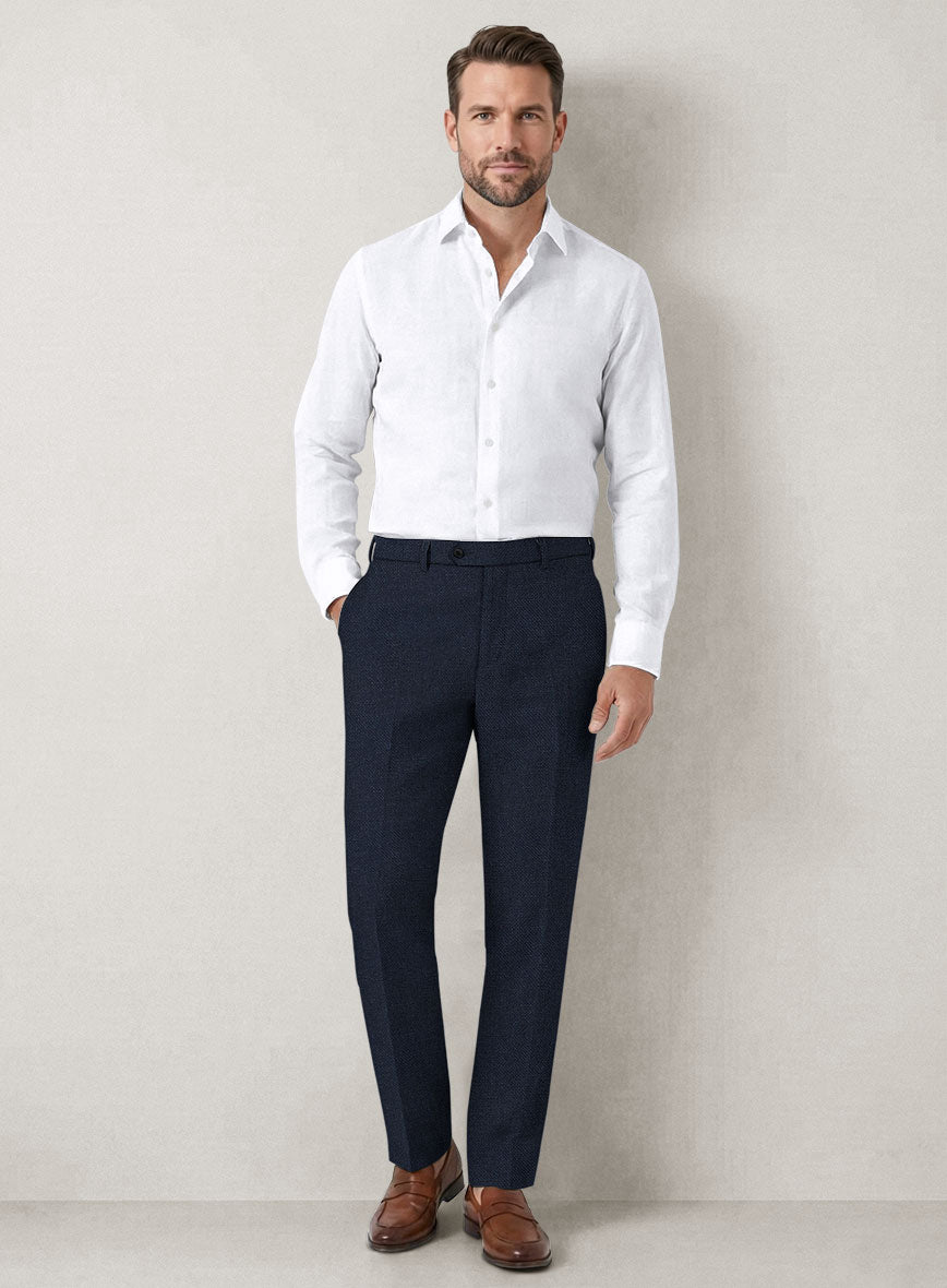 Italian Prato Dark Blue Dobby Linen Pants - StudioSuits