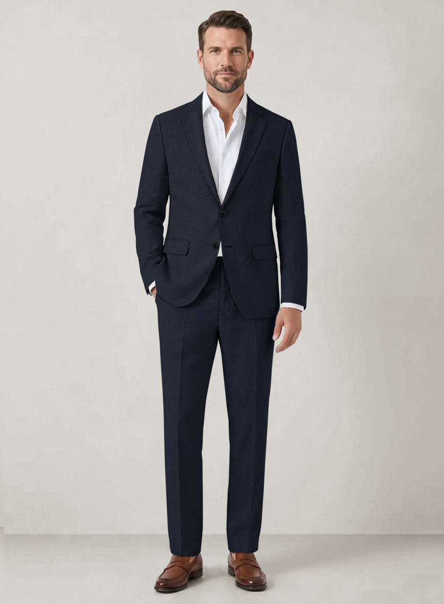Italian Prato Dark Blue Dobby Linen Suit - StudioSuits