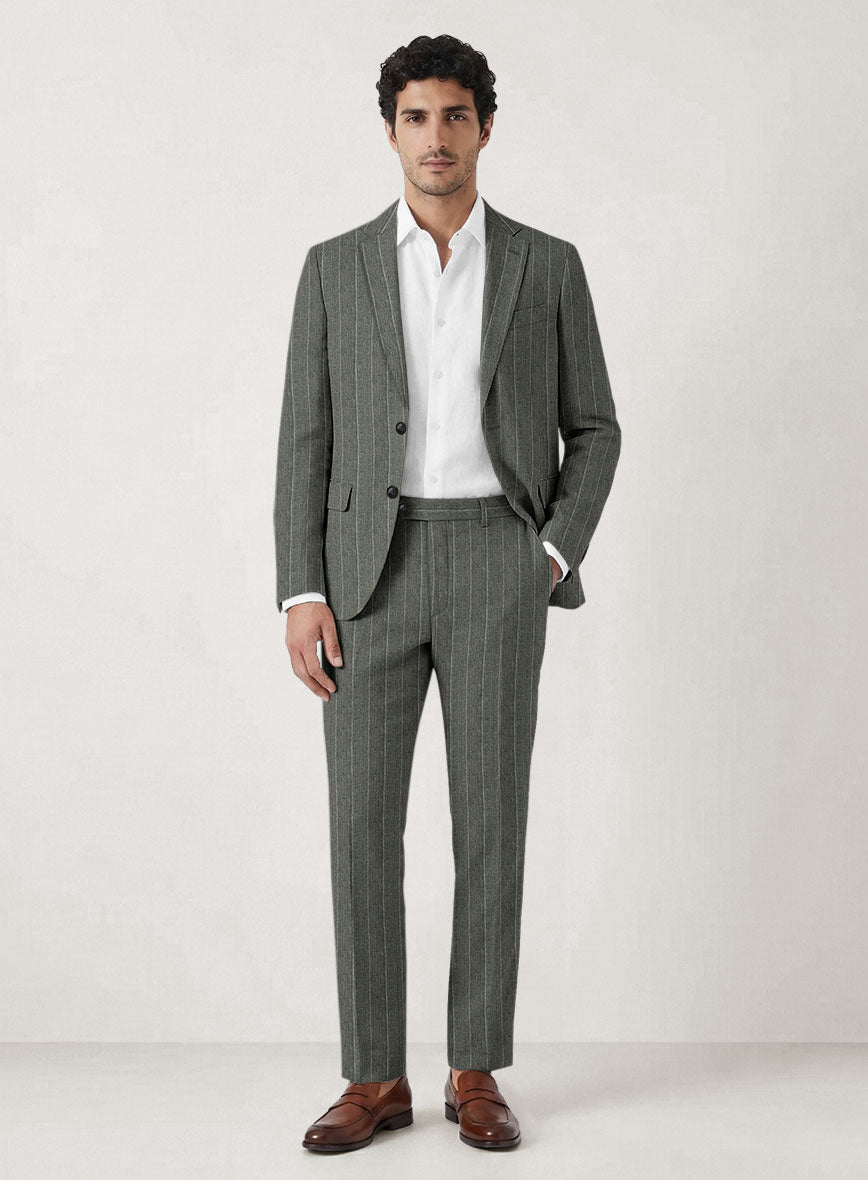 Italian Prato Deep Moss Wide Stripe Linen Suit - StudioSuits