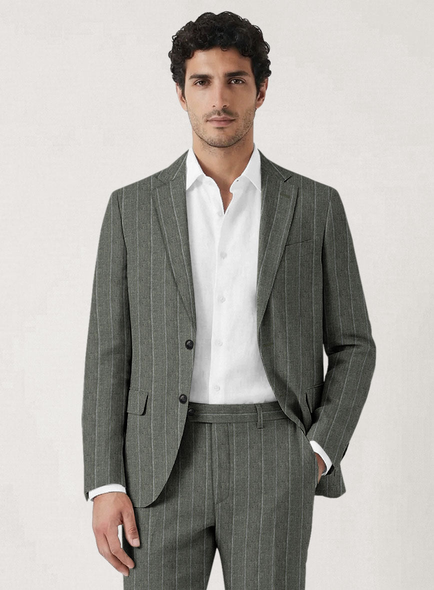 Italian Prato Deep Moss Wide Stripe Linen Jacket - StudioSuits