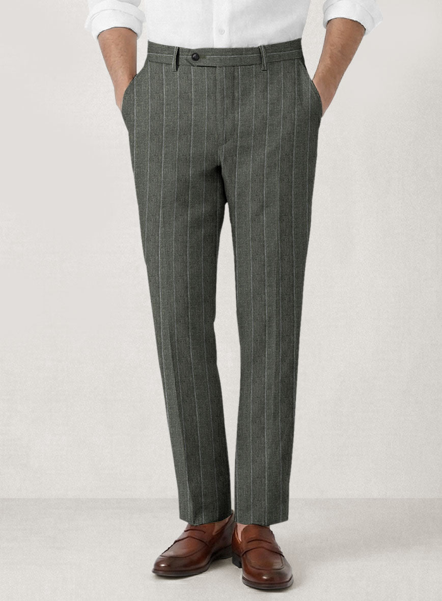 Italian Prato Deep Moss Wide Stripe Linen Pants - StudioSuits