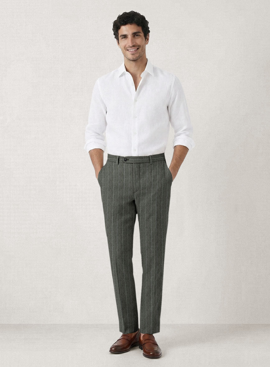 Italian Prato Deep Moss Wide Stripe Linen Pants - StudioSuits