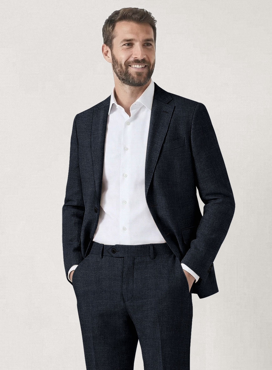 Italian Prato Diesel Blue Herringbone Linen Suit - StudioSuits