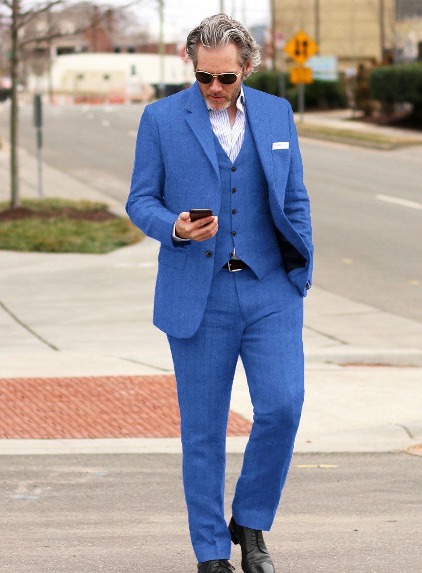 Italian Prato Electric Blue Herringbone Linen Suit - StudioSuits