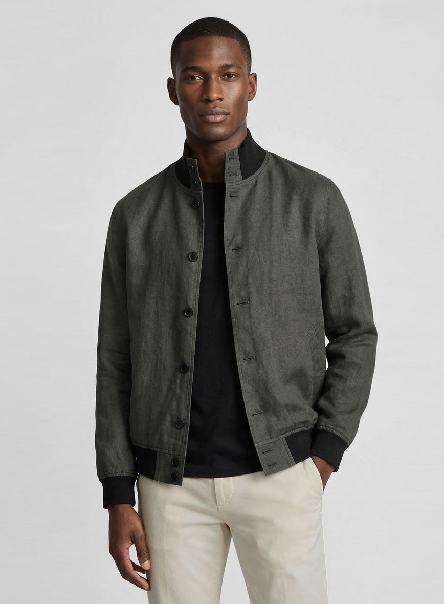 Italian Prato Gray Linen Bomber Jacket - StudioSuits