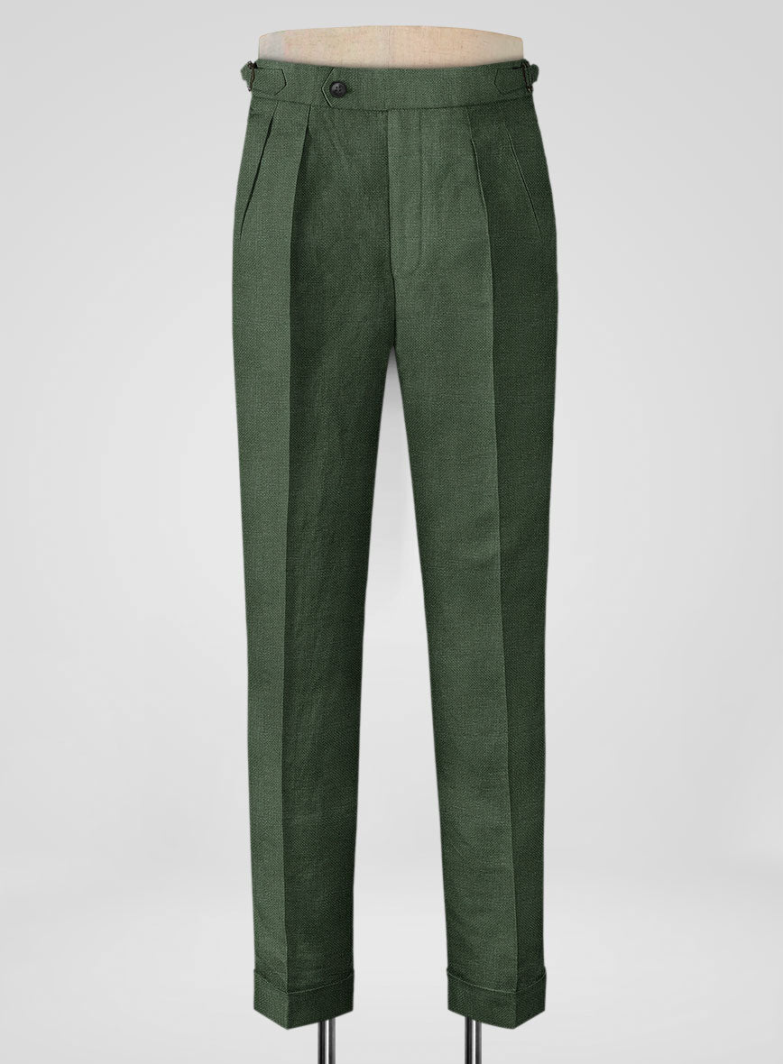 Italian Prato Green Dobby Linen Highland Trousers - StudioSuits