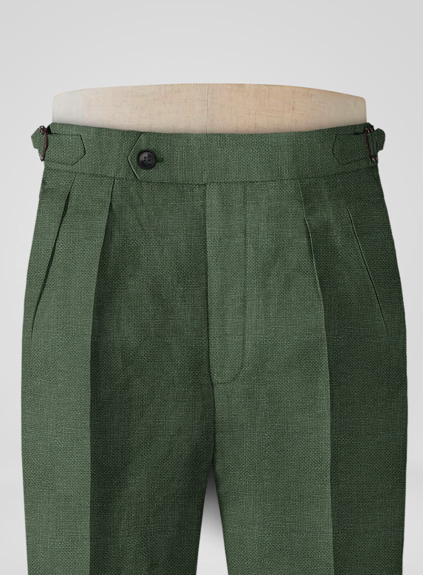 Italian Prato Green Dobby Linen Highland Trousers - StudioSuits