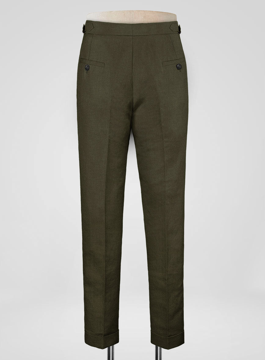 Italian Prato Green Linen Highland Trousers - StudioSuits