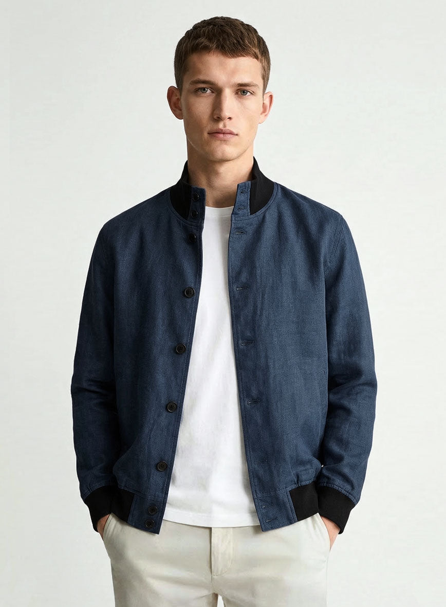 Italian Prato Indigo Blue Linen Bomber Jacket - StudioSuits