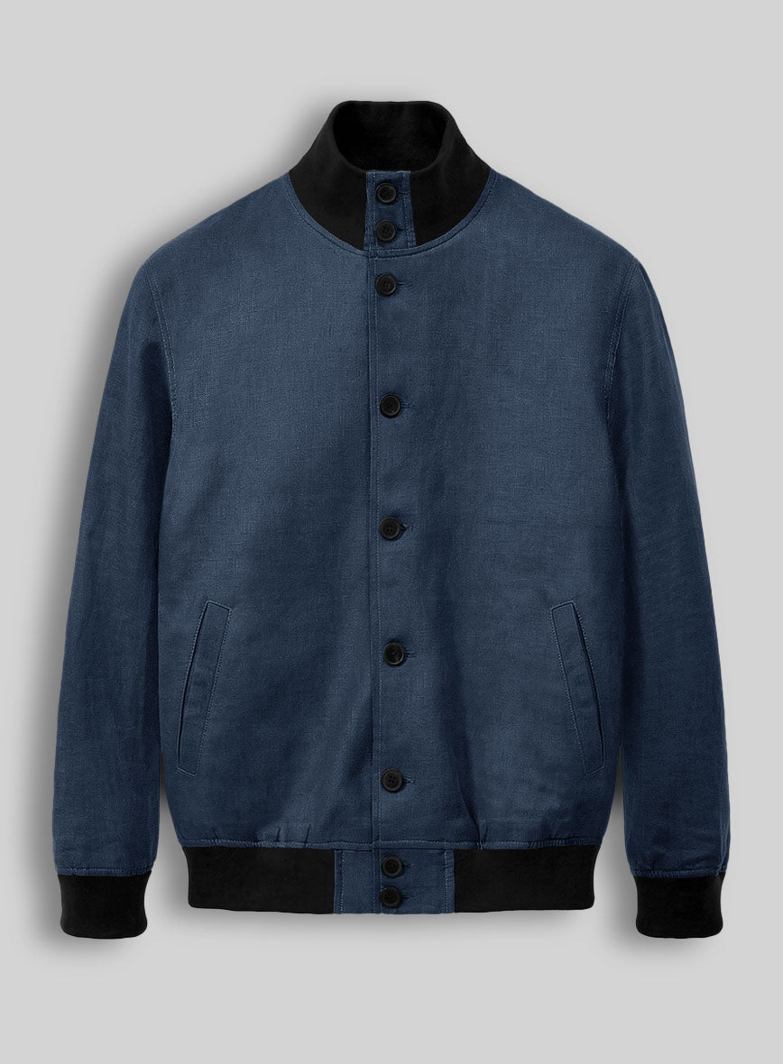 Italian Prato Indigo Blue Linen Bomber Jacket - StudioSuits