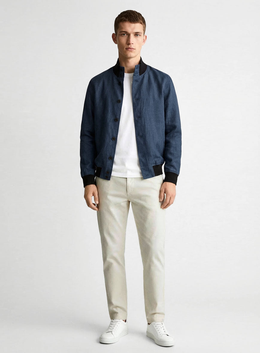Italian Prato Indigo Blue Linen Bomber Jacket - StudioSuits