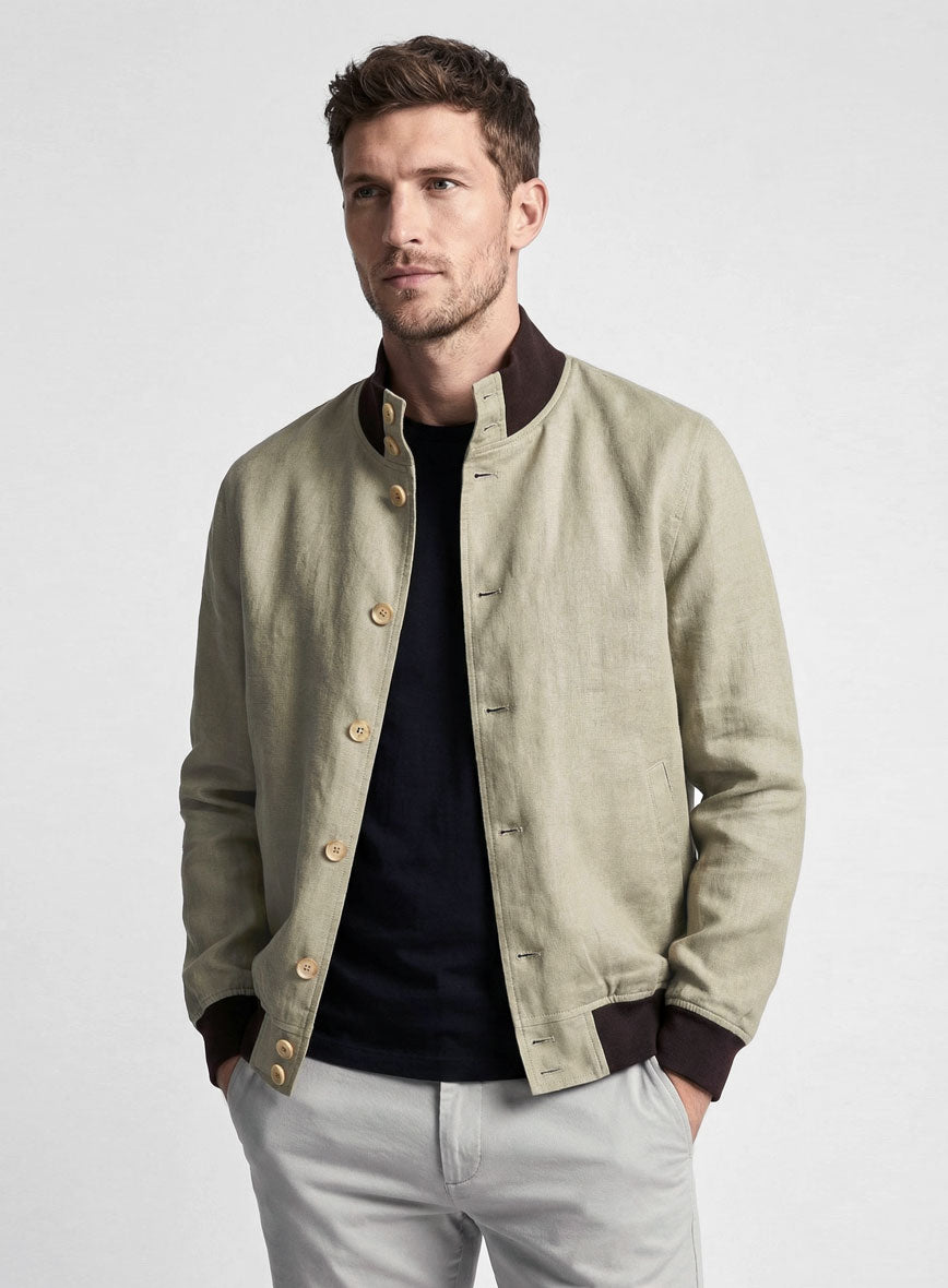 Italian Prato Khaki Linen Bomber Jacket - StudioSuits