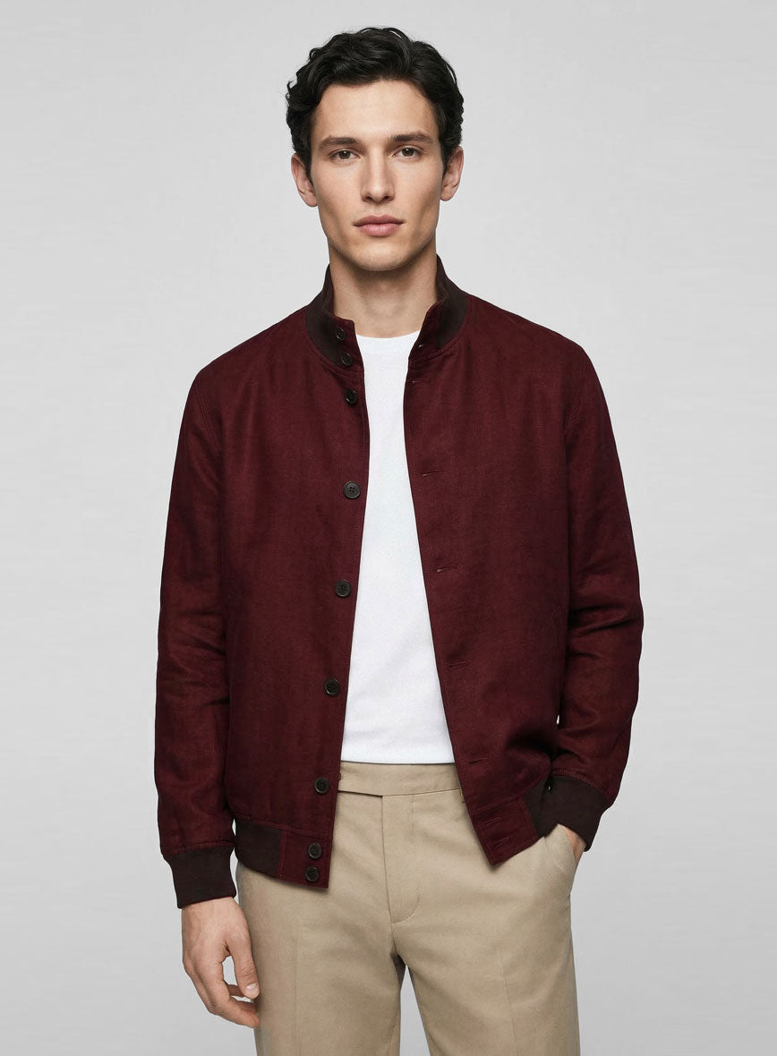 Italian Prato Maroon Linen Bomber Jacket - StudioSuits