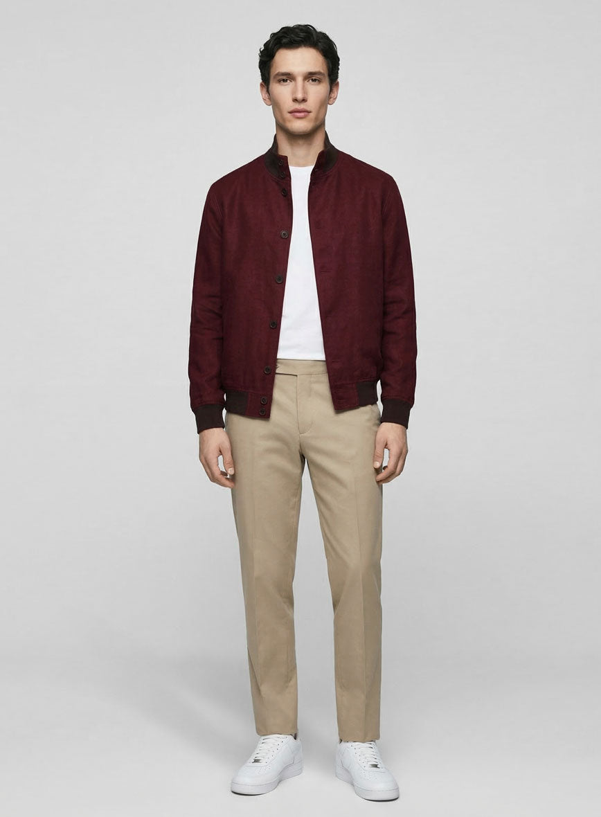 Italian Prato Maroon Linen Bomber Jacket - StudioSuits