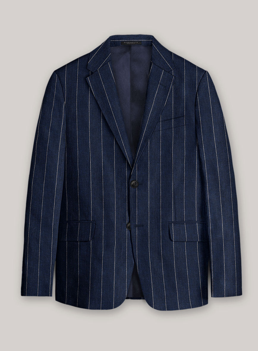 Italian Prato Midnight Blue Wide Stripe Linen Jacket - StudioSuits