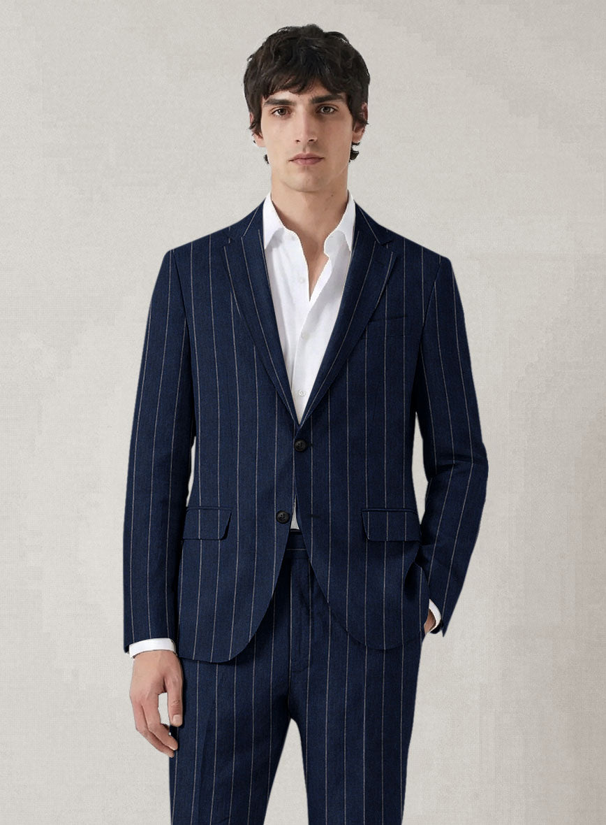 Italian Prato Midnight Blue Wide Stripe Linen Jacket - StudioSuits