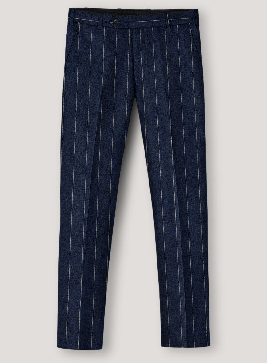 Italian Prato Midnight Blue Wide Stripe Linen Pants - StudioSuits