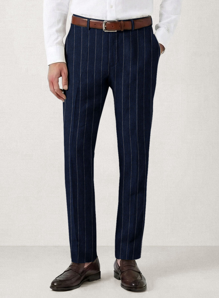 Italian Prato Midnight Blue Wide Stripe Linen Pants - StudioSuits