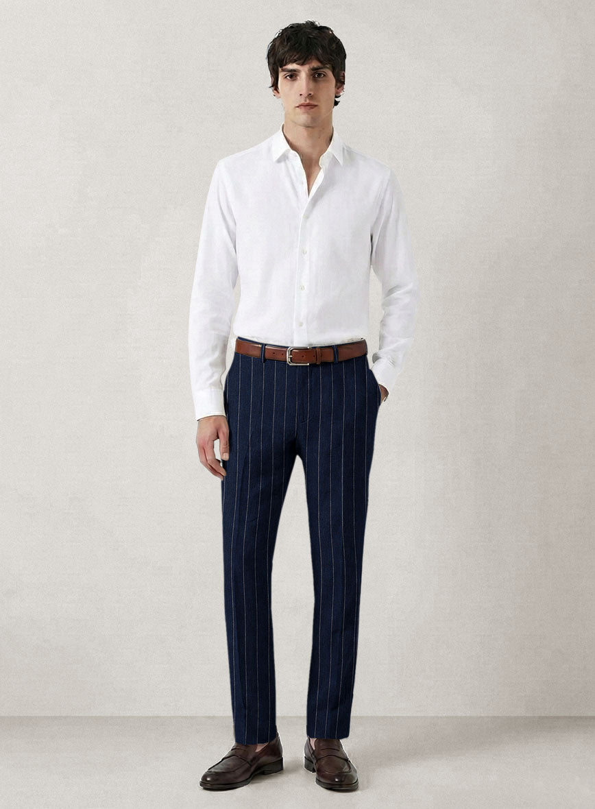 Italian Prato Midnight Blue Wide Stripe Linen Pants - StudioSuits