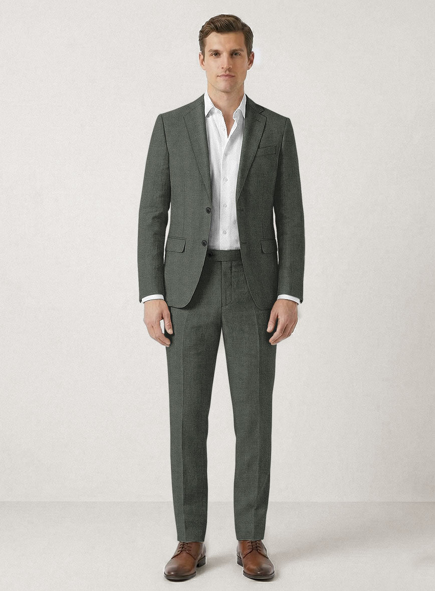 Italian Prato Olive Green Herringbone Linen Suit - StudioSuits