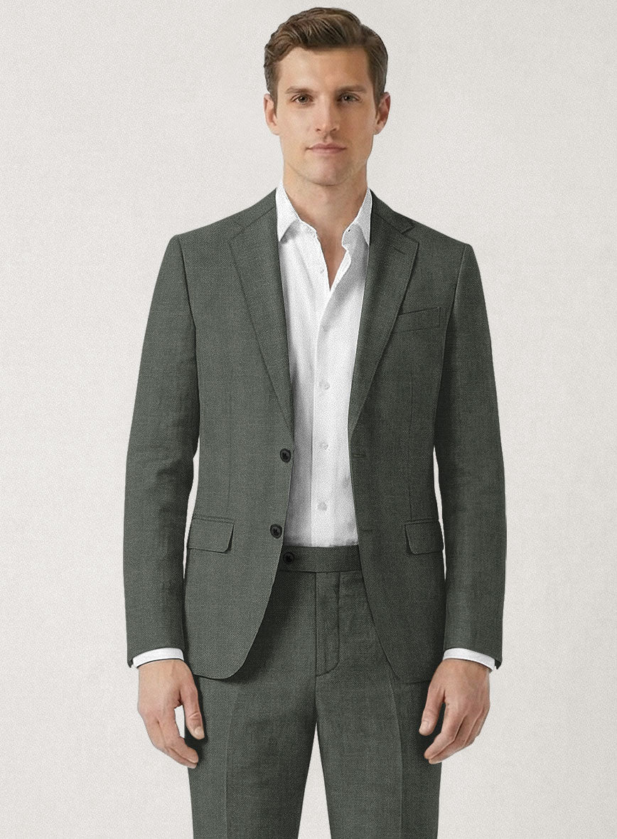 Italian Prato Olive Green Herringbone Linen Jacket - StudioSuits