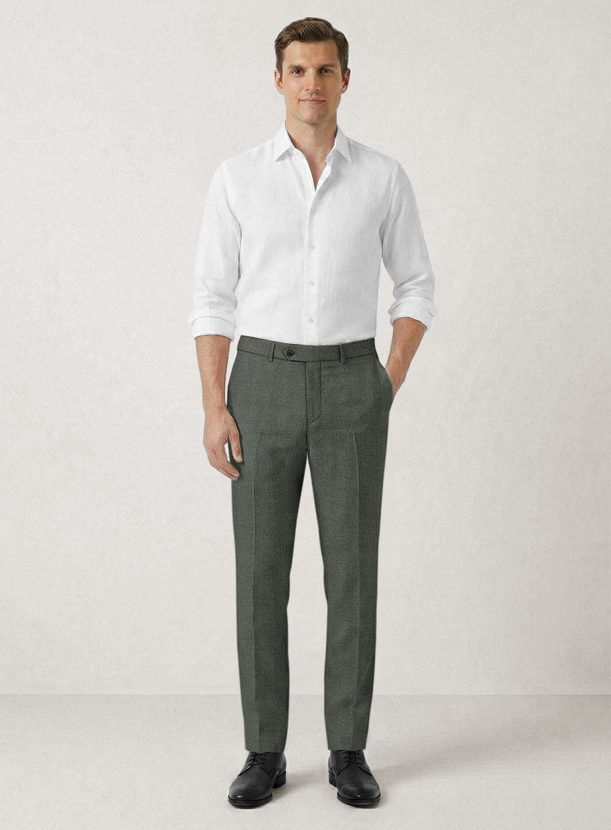 Italian Prato Olive Green Herringbone Linen Pants - StudioSuits