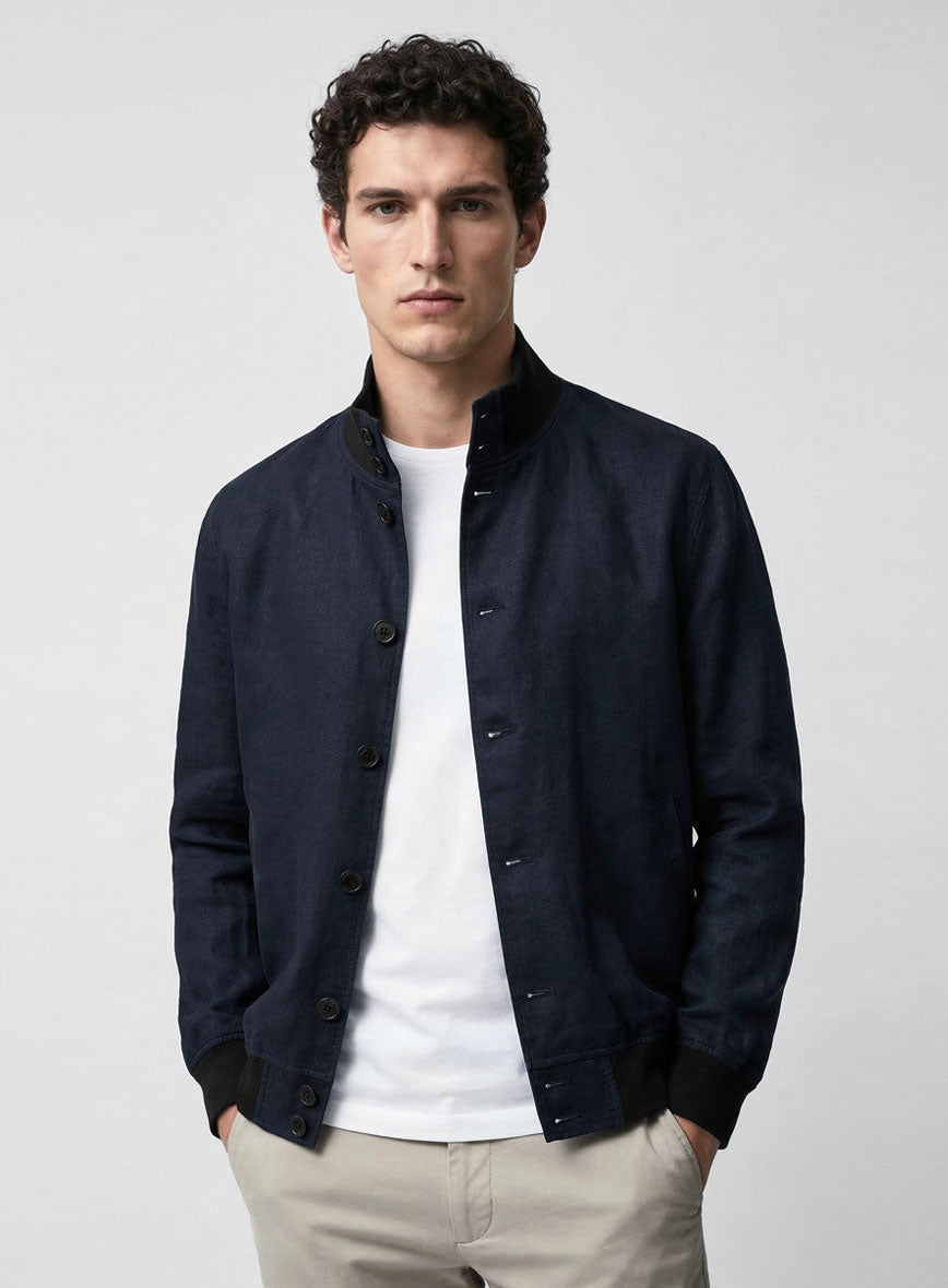 Italian Prato Oxford Blue Linen Bomber Jacket - StudioSuits
