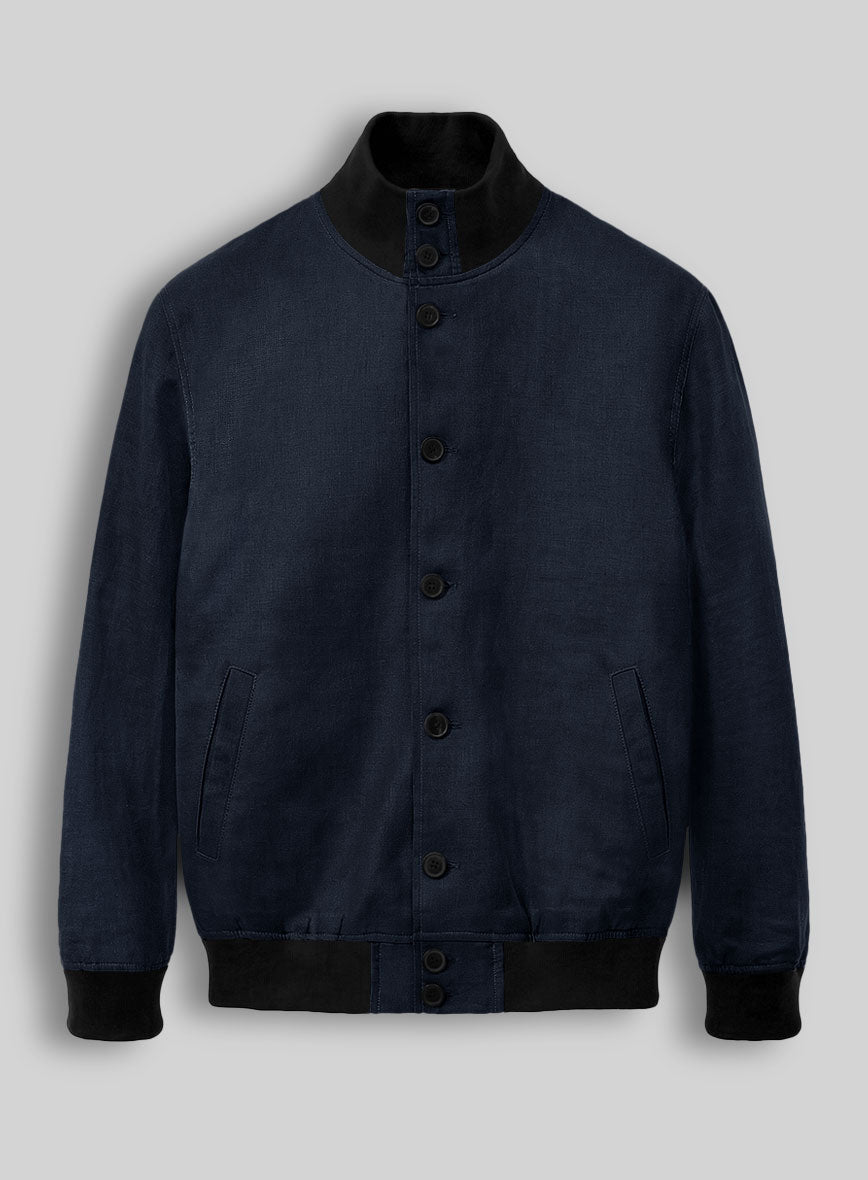 Italian Prato Oxford Blue Linen Bomber Jacket - StudioSuits