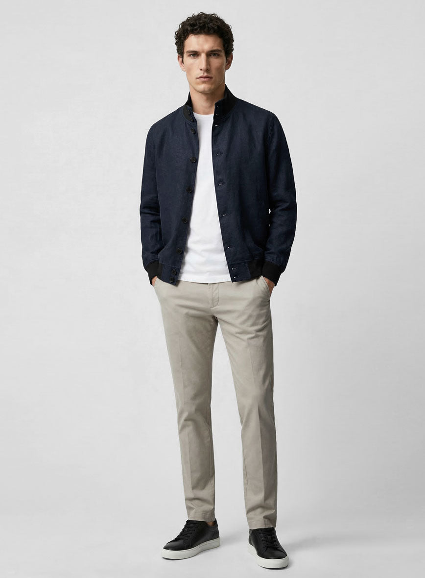 Italian Prato Oxford Blue Linen Bomber Jacket - StudioSuits