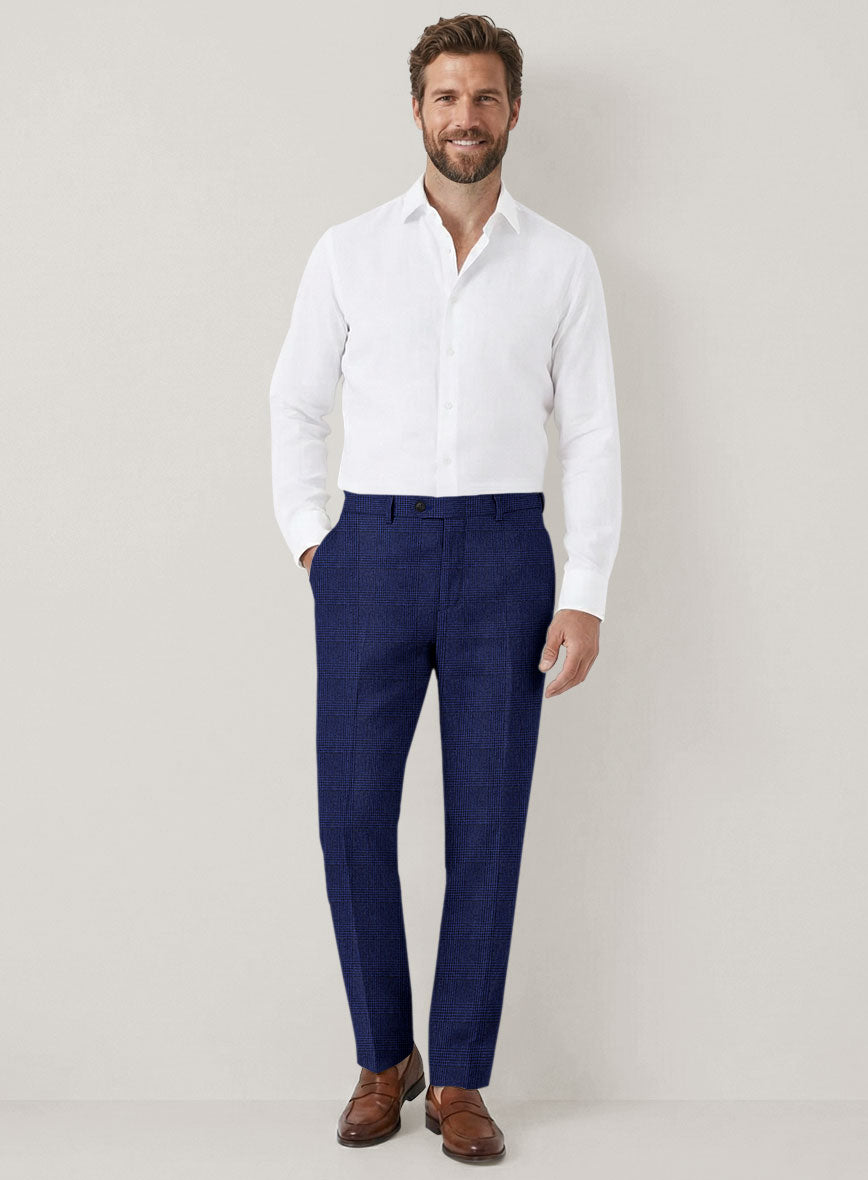 Italian Prato Ultramarine Check Linen Pants - StudioSuits