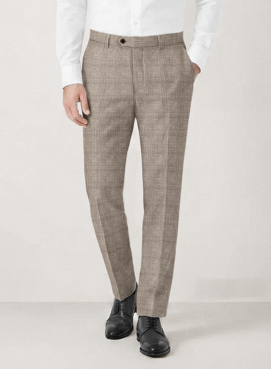 Italian Prato Umber Brown Check Linen Pants - StudioSuits