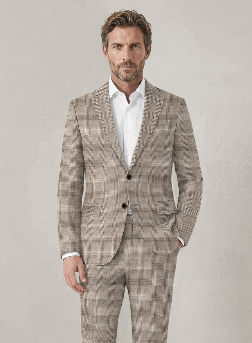 Italian Prato Umber Brown Check Linen Jacket - StudioSuits
